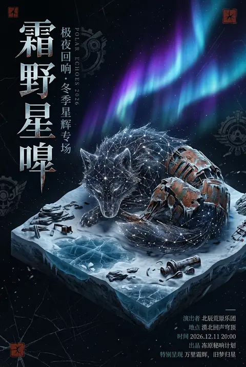 竖版高端艺术演出海报，完全重构为一座等距视角微缩场景：一头由星群与细碎光点编织成的巨狼，静静蜷伏在冰封苔原中央，轮廓像夜空被撕开后露出的星图骨架，身体局部呈锈蚀 - AI生成图片 3