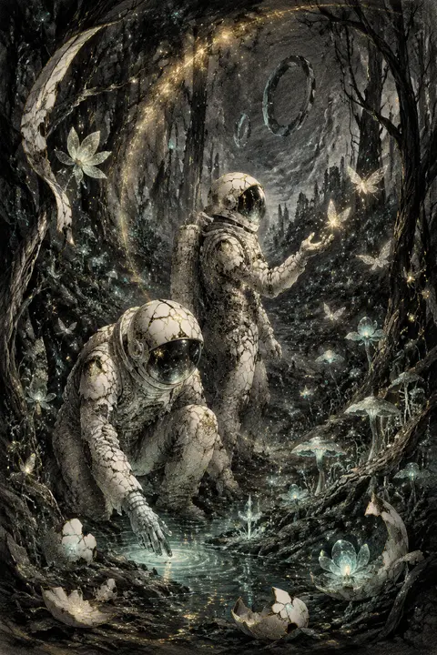 Vertical charcoal-sketch dream poster of twin astronaut explorers wandering thro - AI生成图片 2