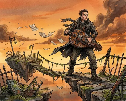 A tense cinematic watercolor storybook illustration of a wandering street musici - AI生成图片 1