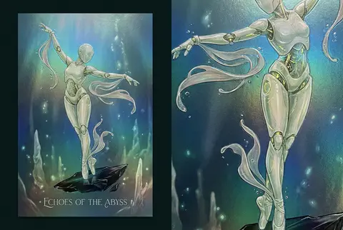 A solitary robotic ballet dancer fashioned from translucent molten glass descend - AI生成图片 3