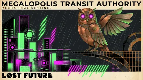 A melancholic clockwork owl poised on a rain-slick transit gantry high above a v - AI生成图片 1