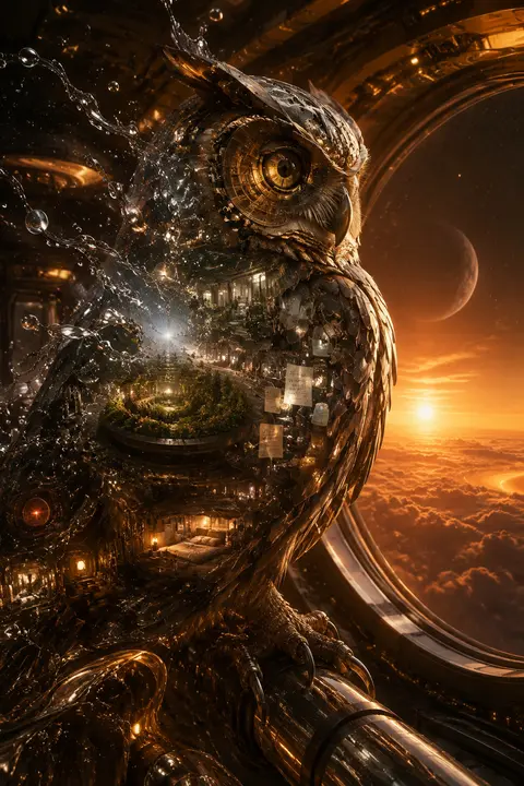 A double-exposure photography composition of a solitary clockwork owl perched be - AI生成图片 3