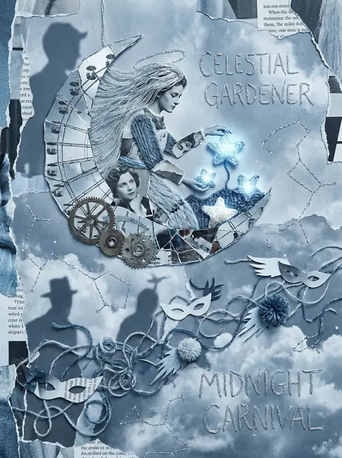 Surrealist photo-collage poster of a celestial gardener tending knitted-wool sta - AI生成图片 1