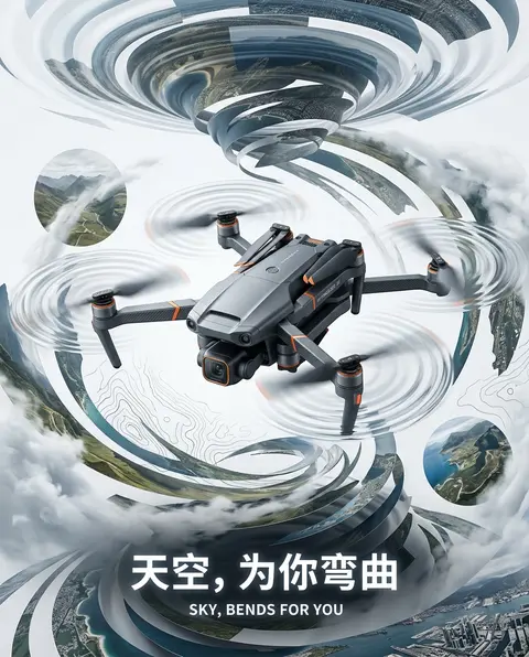 为一台石墨灰折叠航拍飞行器创作顶级商业海报，主题是“空间臣服”。主角悬停在画面绝对中心，机身像静止的核心天体，边缘锐利到极致，结构缝隙、传感器、折叠臂与细腻材质 - AI生成图片 1