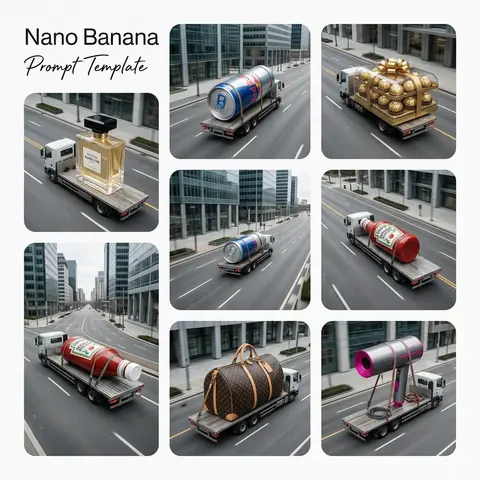 一张极简纯白海报版式的拼贴视觉，左上角排版标题“Nano Banana”，副标题为手写感“Prompt Template”，整体像顶级AI创意作品展示板与高端杂 - AI生成图片 1