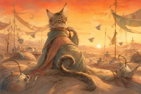 a tea-house cat perched atop a low dune at dawn, body curled away then turning i - AI生成图片 2