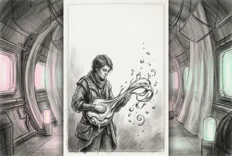 Vertical composition, a wandering street musician drifting through a silent orbi - AI生成图片 2