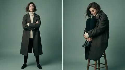 Diptych high-fashion editorial portrait of Elara Voss, a young brunette with a w - AI生成图片 2