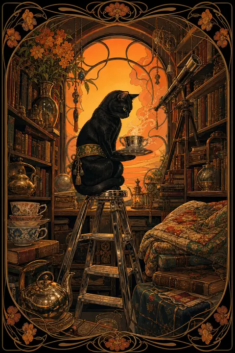 An intimate, quiet art nouveau poster of a dignified tea-house cat perched atop - AI生成图片 1