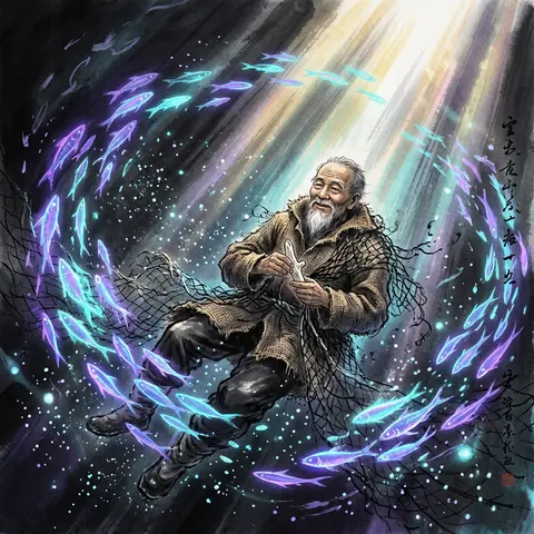 An elderly fisherman, smiling with weathered calm, drifting through an underwate - AI生成图片 1