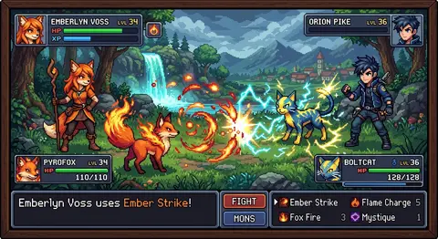 A richly detailed pixel-art battle scene inspired by a classic monster-collector - AI生成图片 3