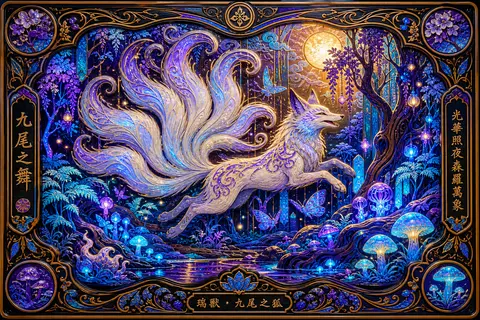 An exuberant art nouveau poster depicting a mythical nine-tailed fox spirit leap - AI生成图片 2