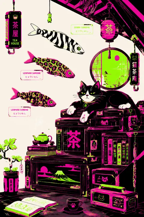 Minimalist cyberpunk neon illustration of a tea-house cat lounging atop stacked - AI生成图片 1