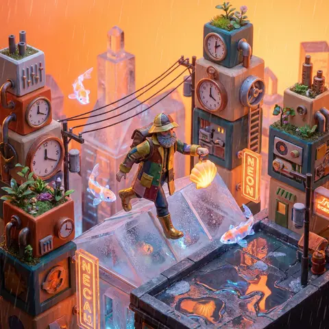 Isometric miniature scene of an eccentric lighthouse keeper in a patchwork slick - AI生成图片 2