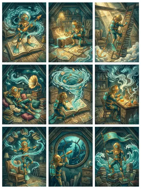 A monumental 3×3 tableau of the same deep-sea diver recurring across all nine pa - AI生成图片 1
