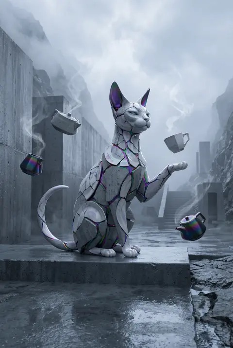A poised tea-house cat with elongated ears and a crescent-shaped tail perches in - AI生成图片 1