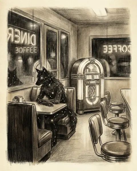 Charcoal sketch of a melancholic constellation-wolf seated in a lacquered-wood b - AI生成图片 1