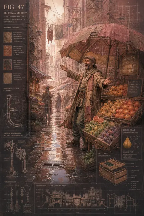 a jubilant market fruit vendor in a rain-soaked back alley, rendered as an ultra - AI生成图片 1
