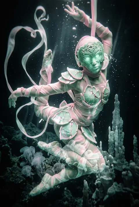 A masked carnival acrobat drifts alone in a lightless ocean trench, suspended mi - AI生成图片 1