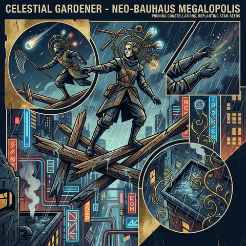 A turbulent bauhaus geometric poster of a celestial gardener balancing on a latt - AI生成图片 3