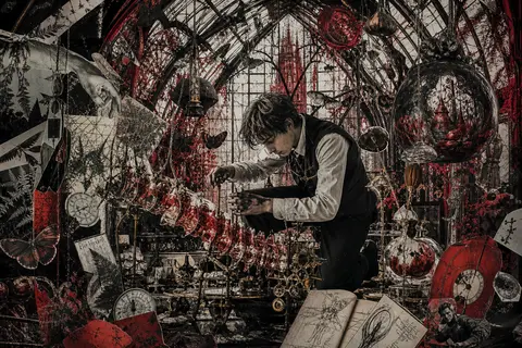 A young clockwork prodigy with ink-stained fingers kneels inside a blazing conse - AI生成图片 2