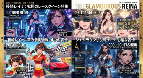 レースクイーン特集雑誌の見開きページデザイン、アニメイラスト調、4枚構成、それぞれ異なるスタイルアレンジ。主役は日本人女性モデル「藤崎レイナ」、引き締まった華や - AI生成图片 1