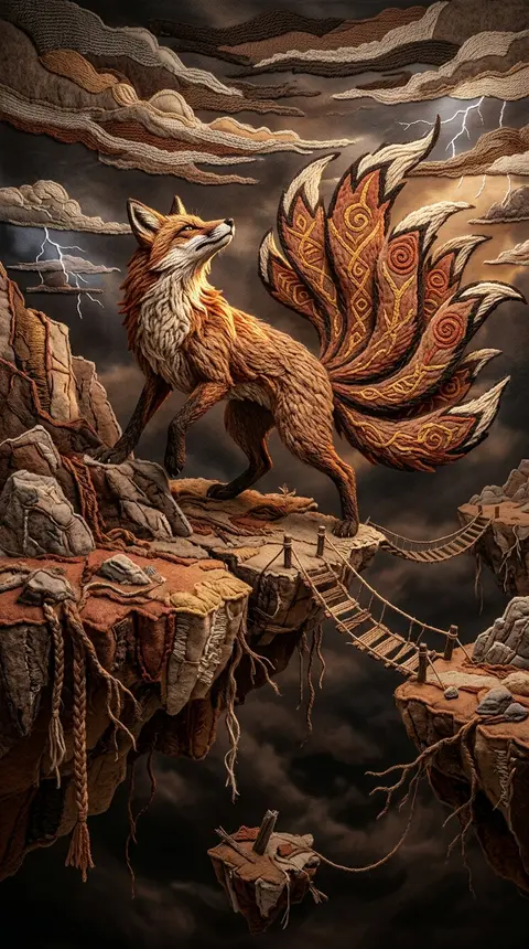 A looming nine-tailed fox spirit poised on the lip of a fractured sky island, se - AI生成图片 3