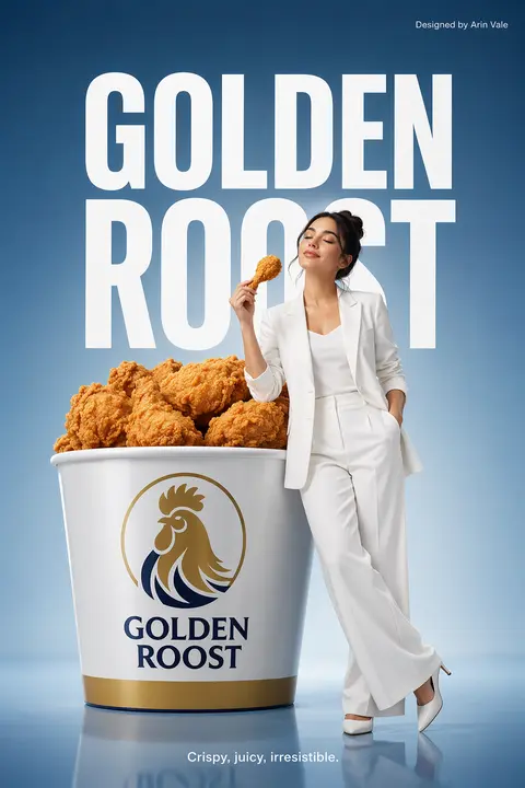 Minimalist commercial ad featuring an oversized `Golden Roost` chicken bucket, u - AI生成图片 1
