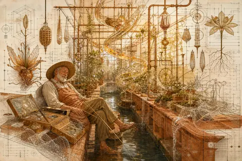 an elderly fisherman dozing beside a narrow irrigation channel inside a sun-dren - AI生成图片 2