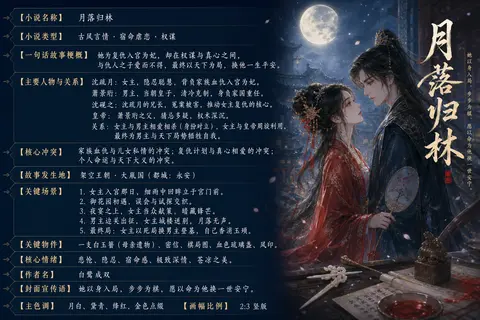 请提供这部小说的具体信息后，我才能先“理解内容”再设计对应封面。请尽量填写以下字段： 【小说名称】： 【小说类型】： 【一句话故事梗概】： 【主要人物与关系】 - AI生成图片 1
