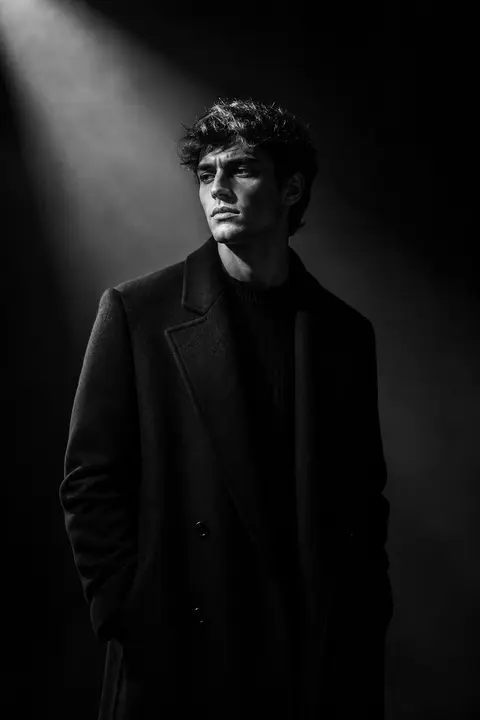 Ultra-cinematic black-and-white portrait of a young man standing in a dark minim - AI生成图片 3