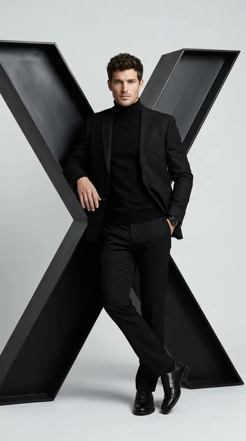 高级时尚棚拍人像，竖构图，全身镜头，虚构男模 Lucien Vale 站在一座巨大的黑色几何字母“X”雕塑前并随性倚靠其上，人物居中，姿态自信而松弛，带着克制冷 - AI生成图片 1