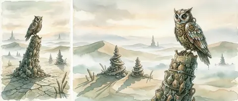 a clockwork owl perched on a sagging tower of wet clay relics in a dawn desert, - AI生成图片 4