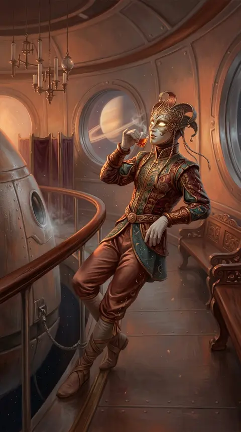 A masked carnival acrobat drifts beside a moored maintenance pod inside a hushed - AI生成图片 4