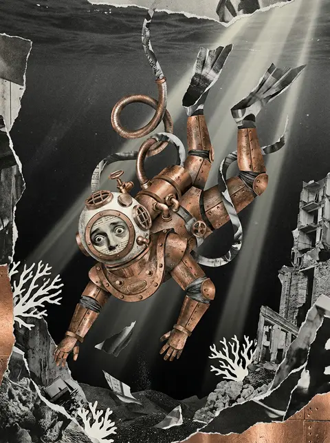 hero splash art of a deep-sea diver descending through a lightless trench, reima - AI生成图片 3