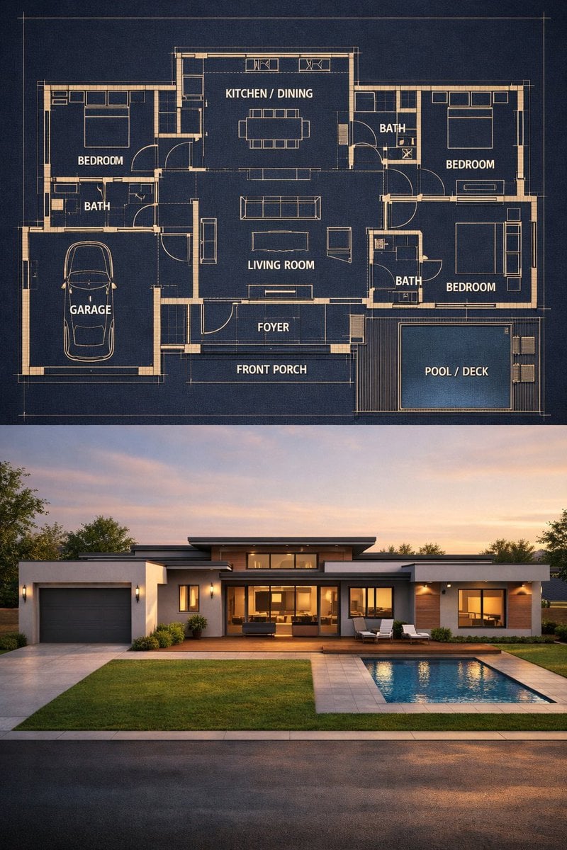 { "objective": "Create a split architectural visualization where the top is a - AI生成图片 2