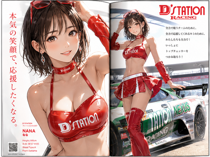 レースクィーン雑誌の見開きページを作成。 接写あり。 日本人モデル。 スタイルを変えて4枚作成。 アニメイラスト調。 - AI生成图片 2