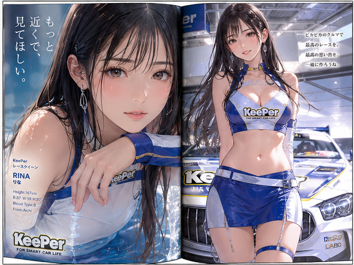 レースクィーン雑誌の見開きページを作成。 接写あり。 日本人モデル。 スタイルを変えて4枚作成。 アニメイラスト調。 - AI生成图片 4