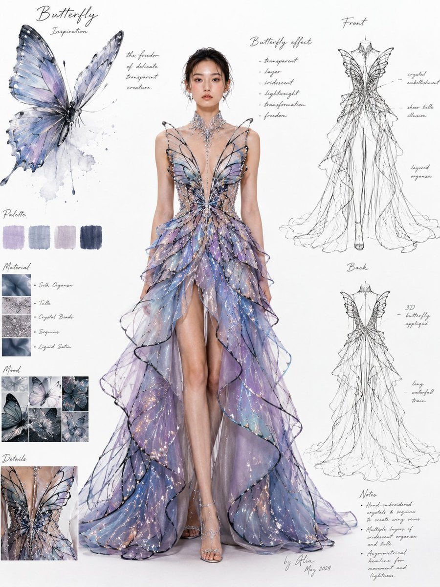 时尚设计稿 / 高定礼服设计页，主题灵感来自 [灵感主题]。画面为专业服装设计展示板构图：中央是一位全身站立的真人女模特，真实感、写实皮肤质感、自然五官、高级时 - AI生成图片 2