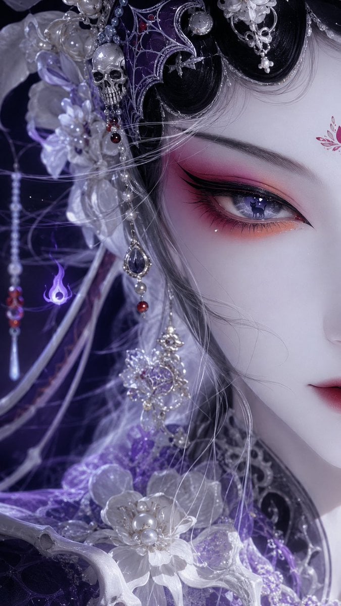 国风戏曲旦角美人系列｜极近景半脸单眼特写 把米哈游角色、西游记角色与历史人物，重塑成冷艳神秘的东方戏曲美人。 红粉橘戏曲眼妆、冷白瓷肌、蓝紫冷光、华丽珠玉 - AI生成图片 2