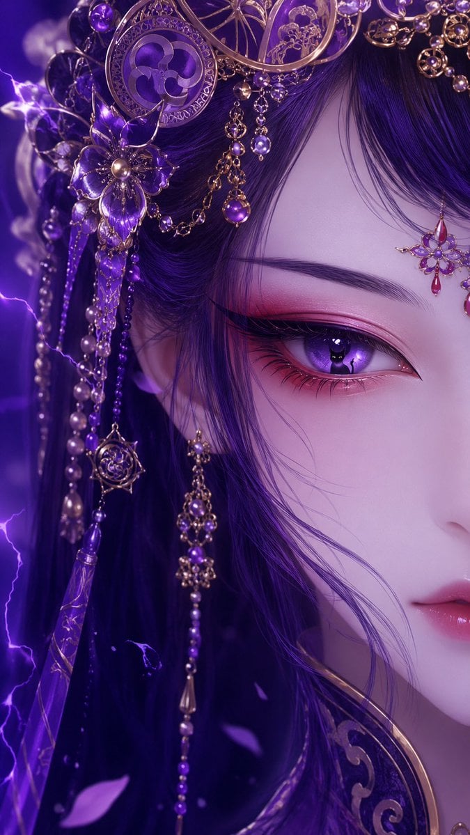 国风戏曲旦角美人系列｜极近景半脸单眼特写 把米哈游角色、西游记角色与历史人物，重塑成冷艳神秘的东方戏曲美人。 红粉橘戏曲眼妆、冷白瓷肌、蓝紫冷光、华丽珠玉 - AI生成图片 3