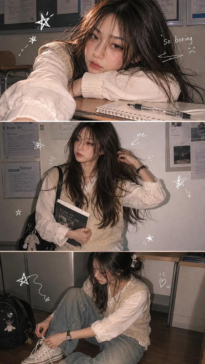 A vertical 3-panel college photo strip. The subject is a girl with long hair in - AI生成图片 2