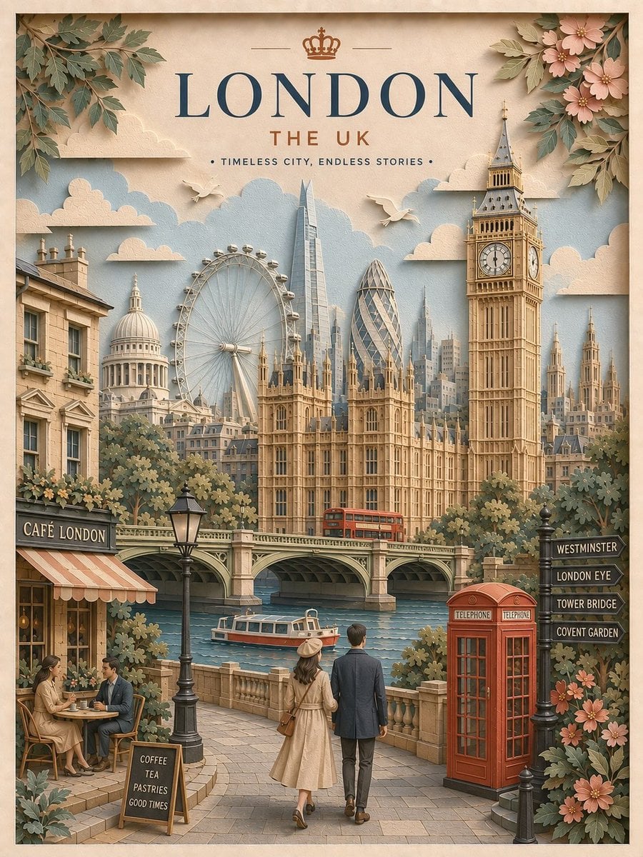 Create a highly detailed vertical travel poster in an elegant 3D layered paper-c - AI生成图片 2