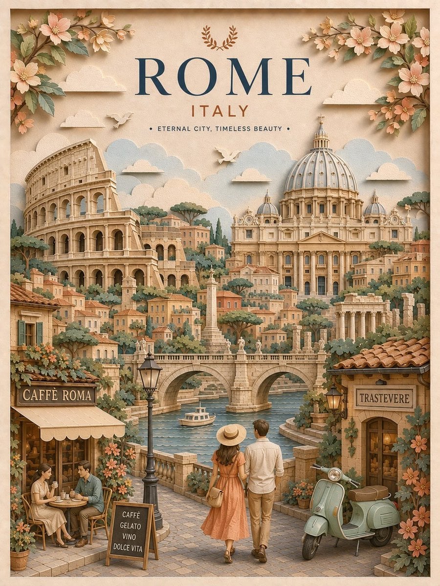 Create a highly detailed vertical travel poster in an elegant 3D layered paper-c - AI生成图片 3
