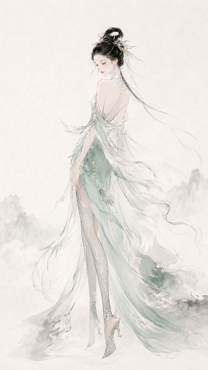 请生成一张 9:16 竖版的原创东方时装插画，主题为[主题名称]。 整体风格融合：现代东方高定、中国水墨、淡彩水彩、细腻书法式线条、宣纸留白、高级时装海报感 - AI生成图片 3
