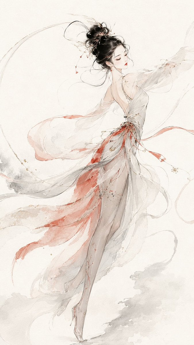 请生成一张 9:16 竖版的原创东方时装插画，主题为[主题名称]。 整体风格融合：现代东方高定、中国水墨、淡彩水彩、细腻书法式线条、宣纸留白、高级时装海报感 - AI生成图片 4