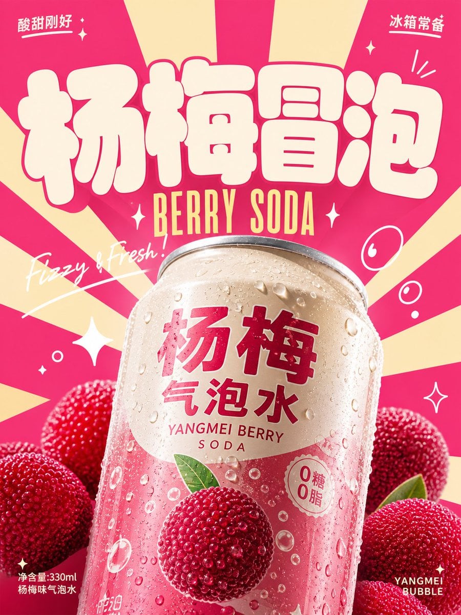 围绕具体饮料主题生成一张明亮轻快的复古商业广告视觉：画面第一眼由超大、厚实、圆角饱满的主题字标建立记忆点，字形像柔软膨胀的招牌块面，浅色填充、边缘干净，压住上方 - AI生成图片 2