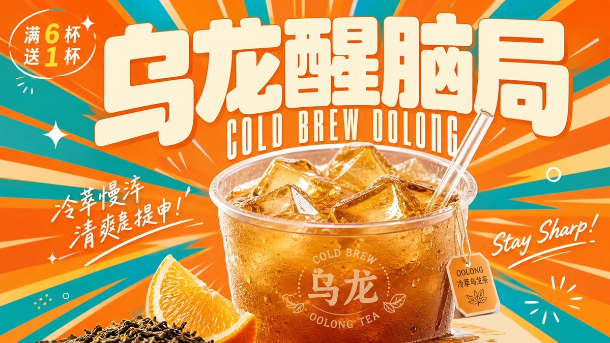 围绕具体饮料主题生成一张明亮轻快的复古商业广告视觉：画面第一眼由超大、厚实、圆角饱满的主题字标建立记忆点，字形像柔软膨胀的招牌块面，浅色填充、边缘干净，压住上方 - AI生成图片 3