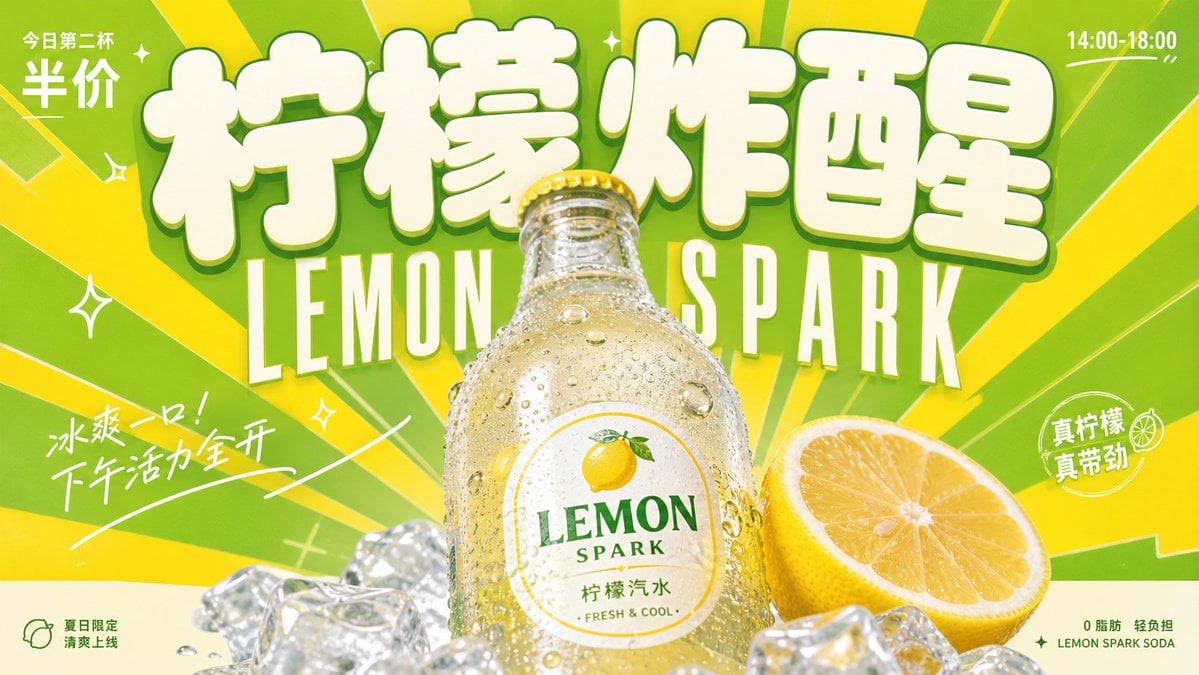 围绕具体饮料主题生成一张明亮轻快的复古商业广告视觉：画面第一眼由超大、厚实、圆角饱满的主题字标建立记忆点，字形像柔软膨胀的招牌块面，浅色填充、边缘干净，压住上方 - AI生成图片 4