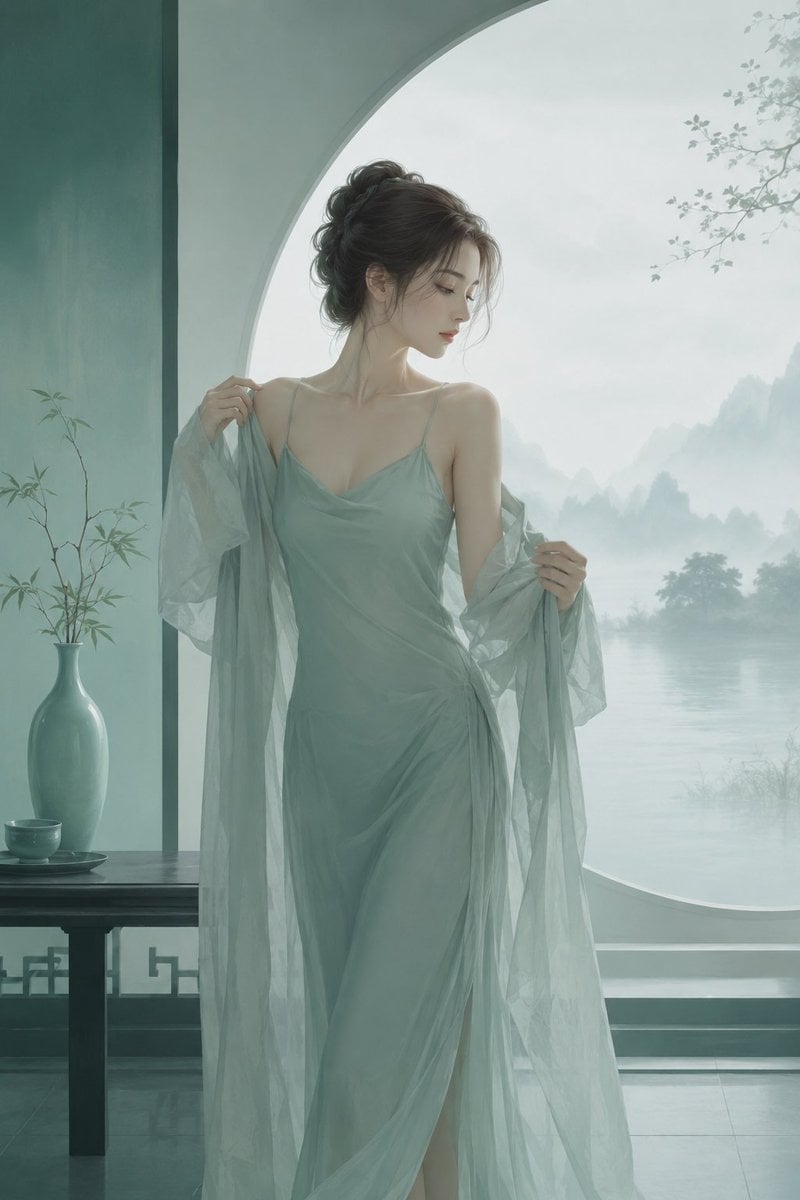 极简东方禅意半写实插画，主体为[主体]，青绿颜色体系，较强饱和对比，画面空灵静谧，大面积留白，带轻雾感、静止空气感和朦胧远景层次，可结合极简空间、湖面、远山、器 - AI生成图片 2